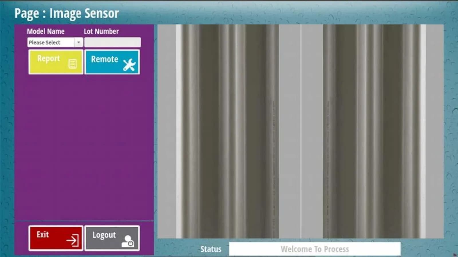 หน้าจอโปรแกรม Image Sensor มีช่องเลือกชื่อรุ่นและเลขล็อต ปุ่ม Report และ Remote และภาพกระเบื้องลอนจากกล้อง