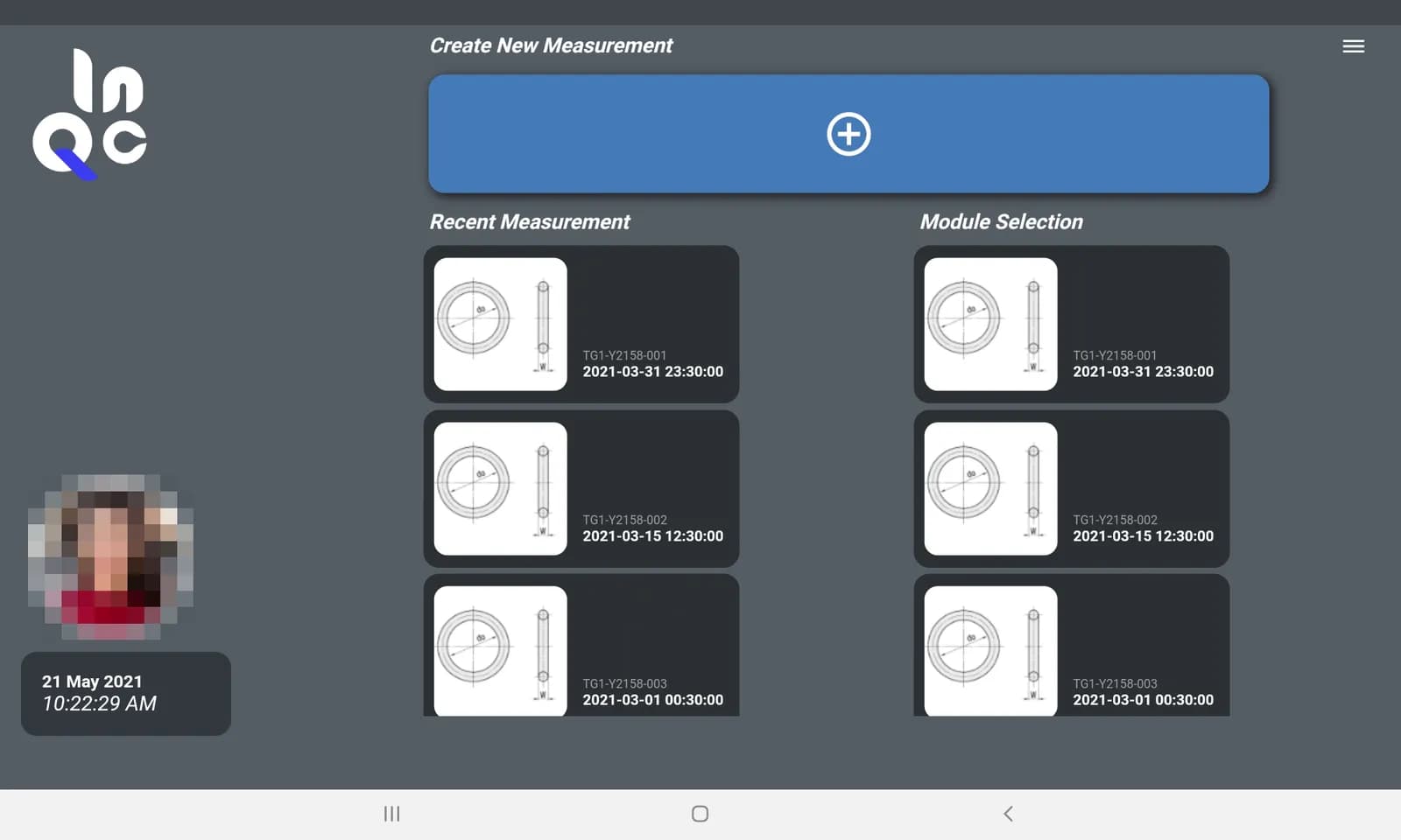 หน้าแรกของ Operator ใน InQC มีปุ่ม Create New Measurement และรายการ Recent Measurement พร้อมรูปแบบชิ้นงาน