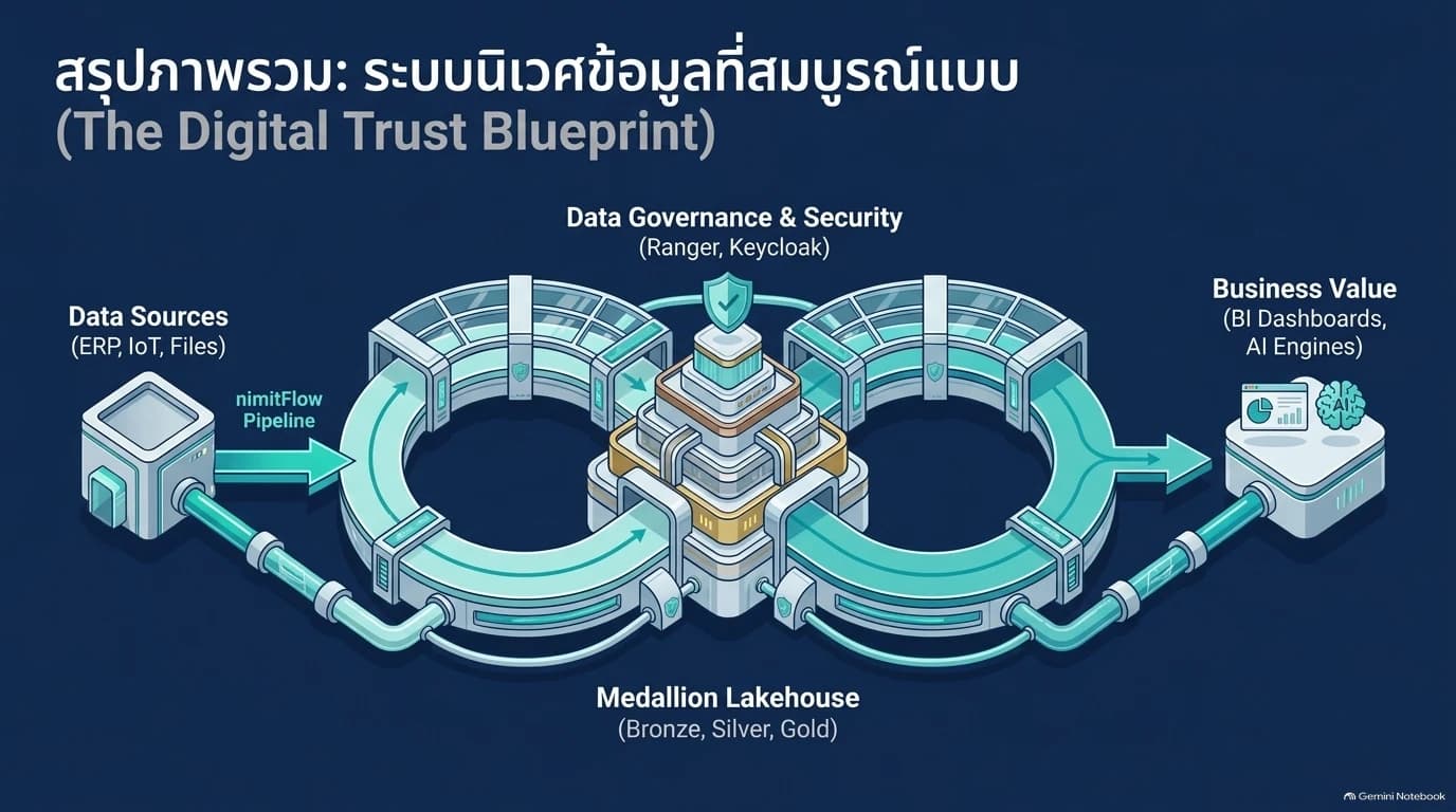 ภาพแนวคิด Data Lakehouse รับข้อมูลผ่าน nimitFlow เข้าชั้น Bronze Silver Gold ภายใต้การกำกับข้อมูลและความปลอดภัย ก่อนส่งต่อ BI และ AI
