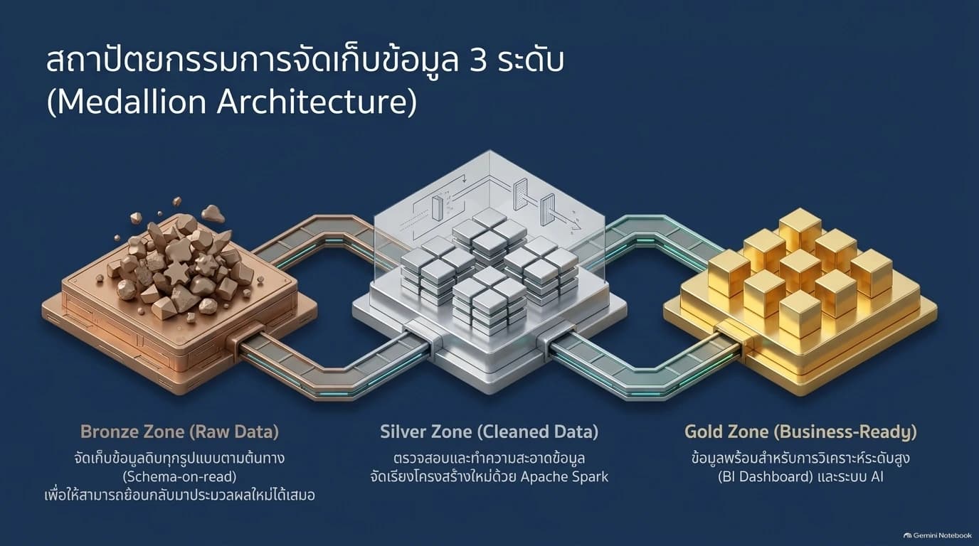 ภาพแนวคิดข้อมูลสามชั้น Bronze เก็บข้อมูลดิบ Silver ทำความสะอาดด้วย Spark และ Gold พร้อมใช้กับ BI และ AI