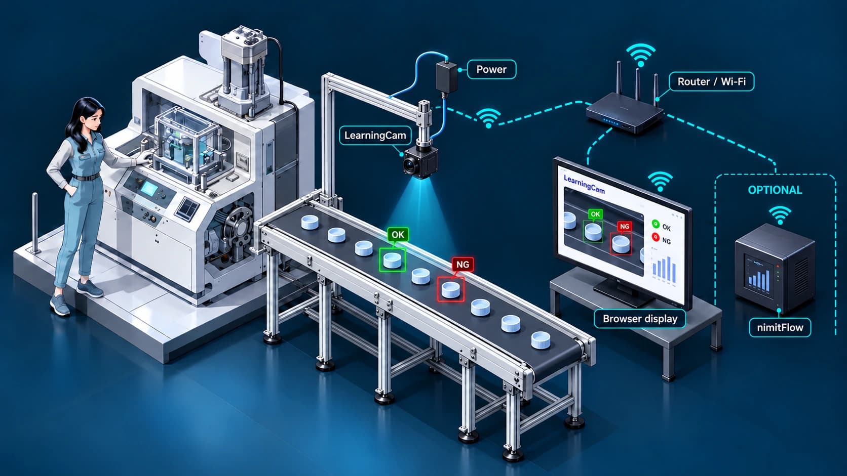 ภาพประกอบ LearningCam ตรวจฝาบนสายพาน แสดง OK และ NG เชื่อม Router กับจอเบราว์เซอร์ และ nimitFlow เป็นส่วนเสริม