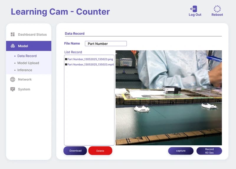 หน้า Data Record ของ LearningCam พร้อมภาพสินค้าบนสายพานและปุ่มบันทึกวิดีโอ 60 วินาที