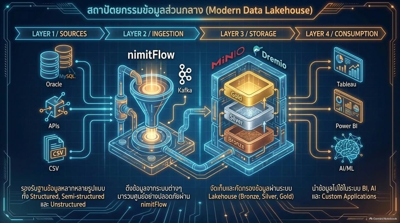 Rajah daripada slaid: sumber data melalui nimitFlow dan Kafka ke MinIO dan Dremio sebelum disambungkan kepada BI dan AI