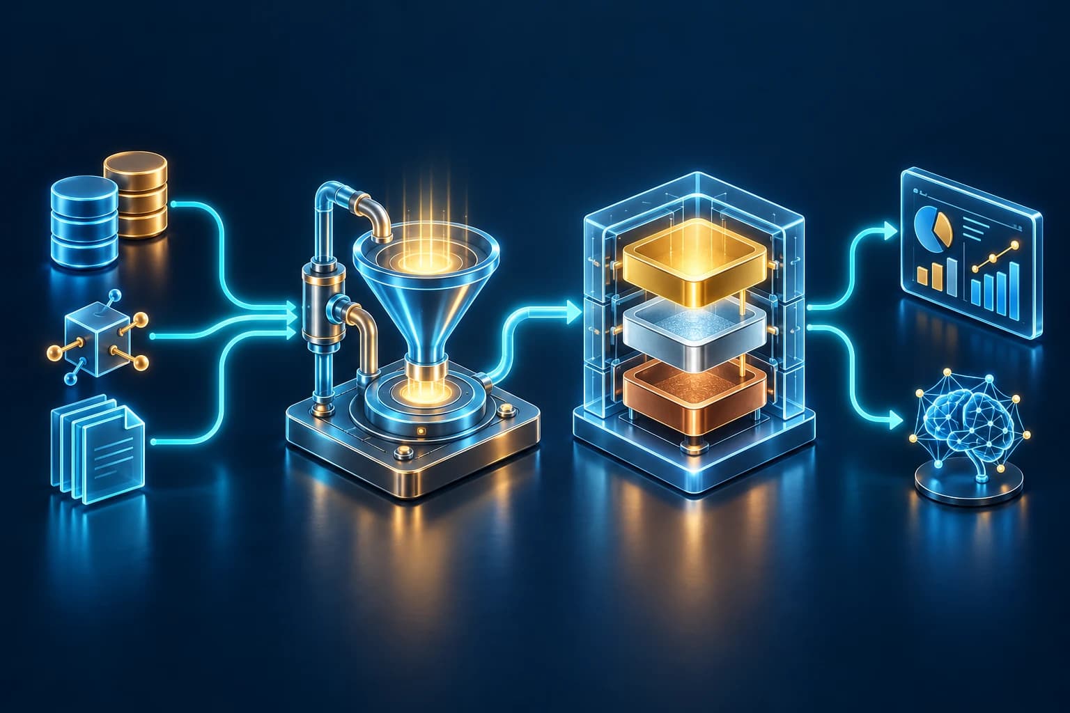 Ilustrasi konsep sumber data yang disambungkan melalui hab integrasi ke repositori tiga lapisan, kemudian digunakan untuk pelaporan dan AI