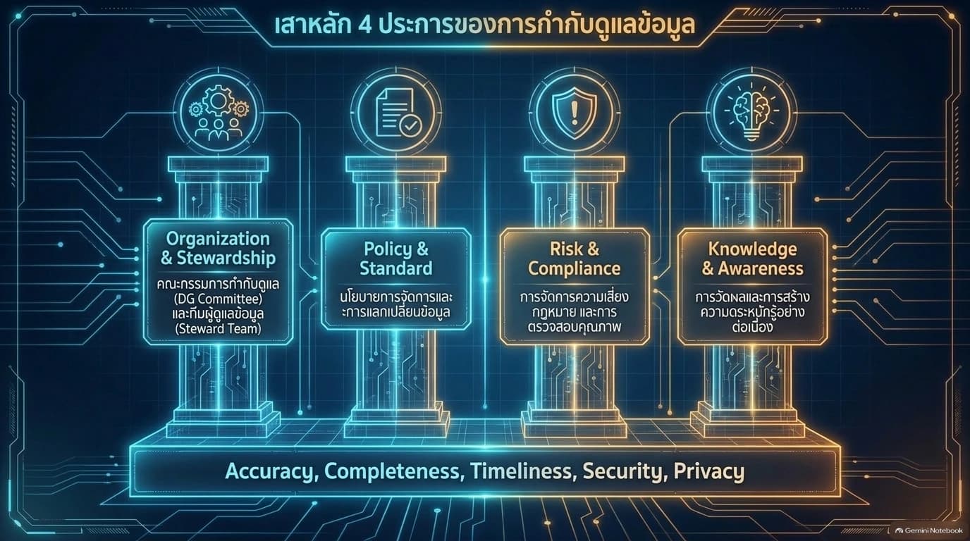 Ilustrasi tonggak tadbir urus data yang meliputi struktur organisasi, dasar, risiko dan pengetahuan