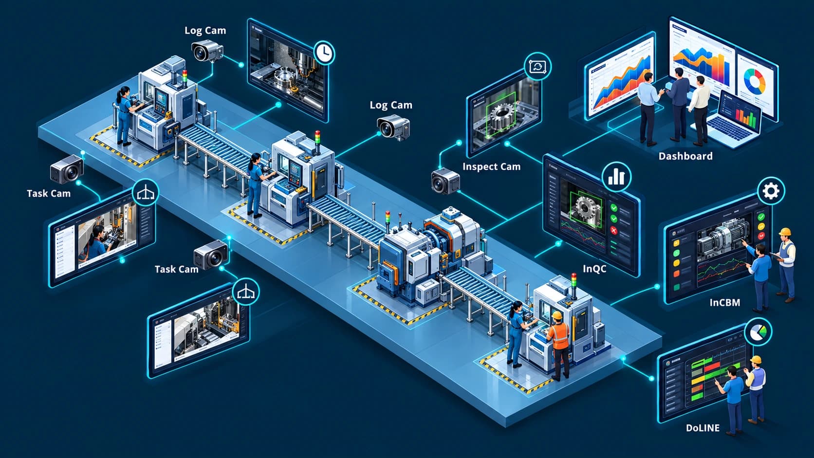 ภาพรวม Modern Factory เชื่อมกล้องและไลน์ผลิตกับ DoLINE, InQC, InCBM และแดชบอร์ด