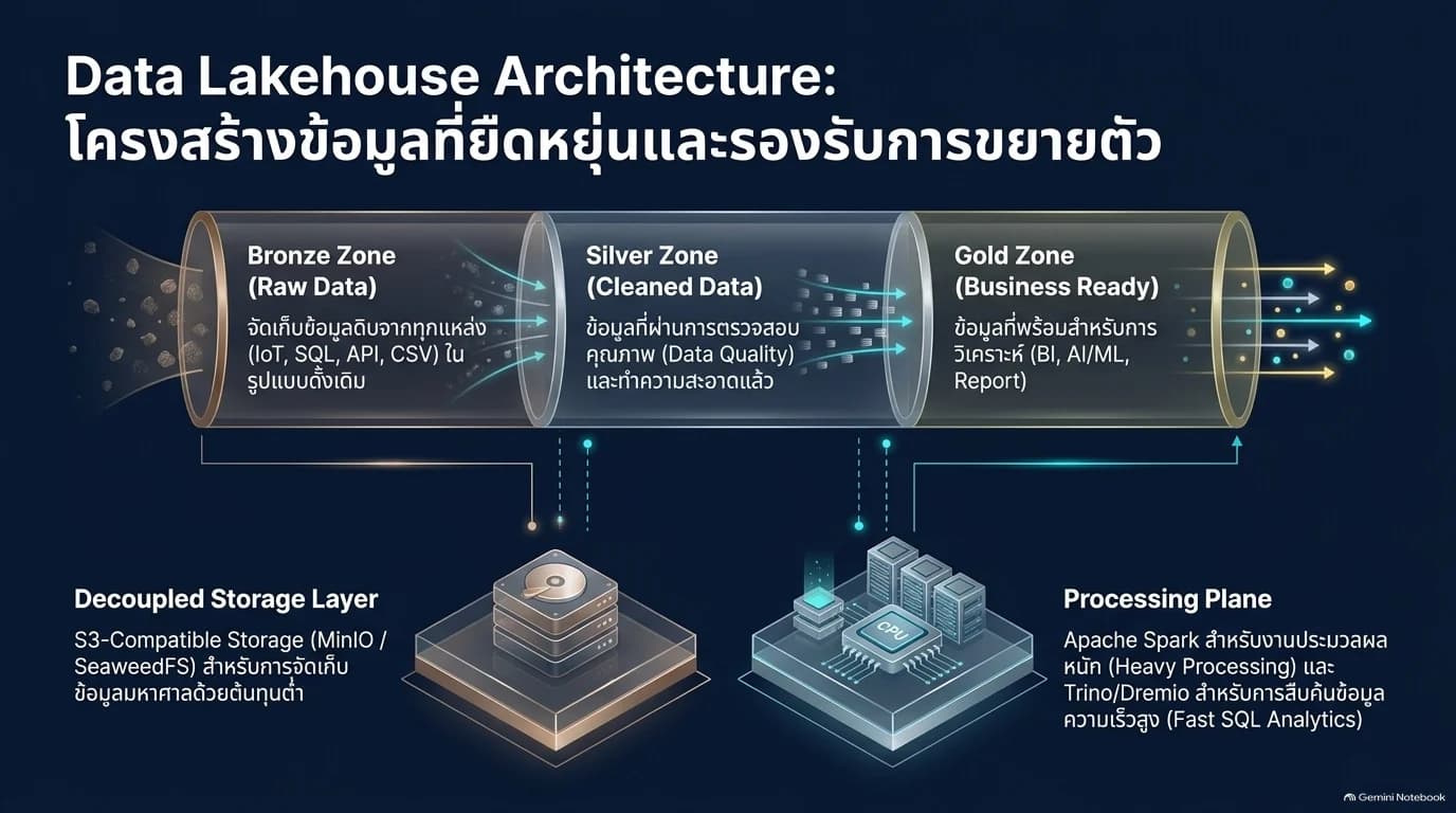 ผัง Data Lakehouse แบ่งข้อมูลเป็น Bronze Silver Gold และแยก Storage ออกจาก Processing