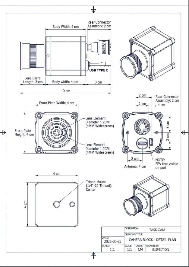 แบบวิศวกรรมแสดงขนาดตัวกล้อง Task Cam ทั้งสี่ด้าน ยาว 10 ซม. หน้ากล้อง 4×4 ซม. และรูเกลียวขาตั้งกล้องด้านล่าง