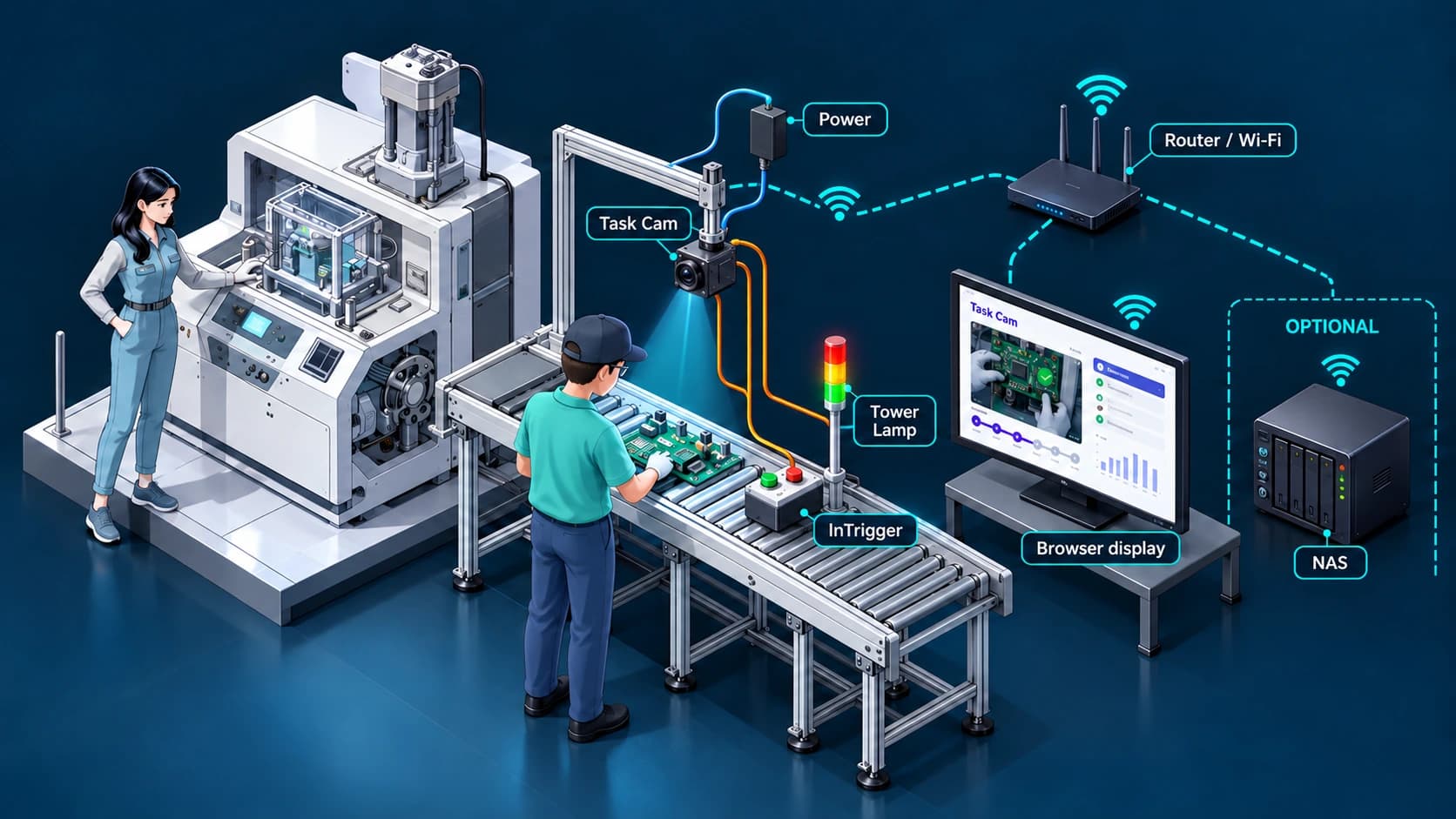 ภาพประกอบสถานี Task Cam พร้อมแขนยึดกล้อง อะแดปเตอร์ Router จอเบราว์เซอร์ และอุปกรณ์เสริม InTrigger ไฟสถานะกับ NAS