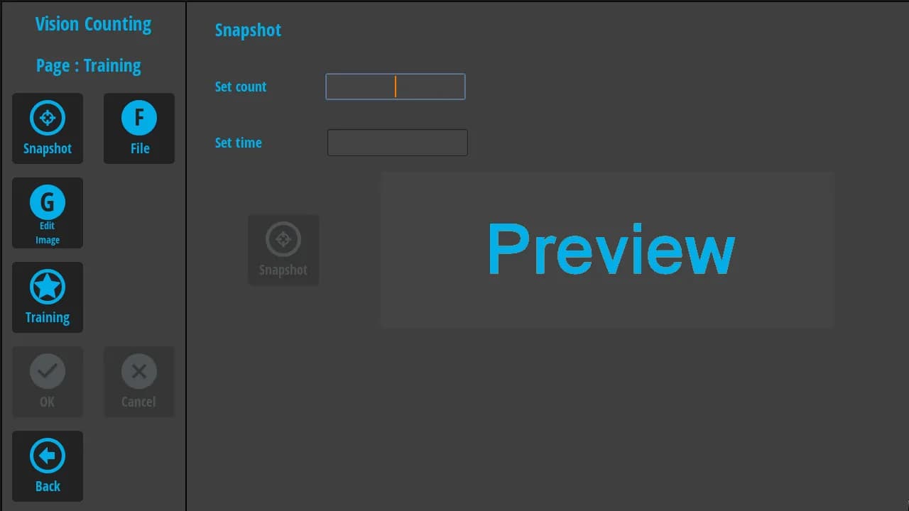 หน้าจอ Training ส่วน Snapshot สำหรับตั้งจำนวนภาพและช่วงเวลาถ่ายภาพตัวอย่างชิ้นงานไปสอนโมเดล