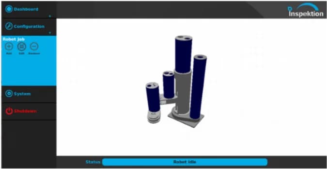 หน้าจอซอฟต์แวร์ควบคุมแสดงโมเดลสามมิติของแขนกล เมนู Dashboard Configuration Robot Job และแถบสถานะด้านล่าง