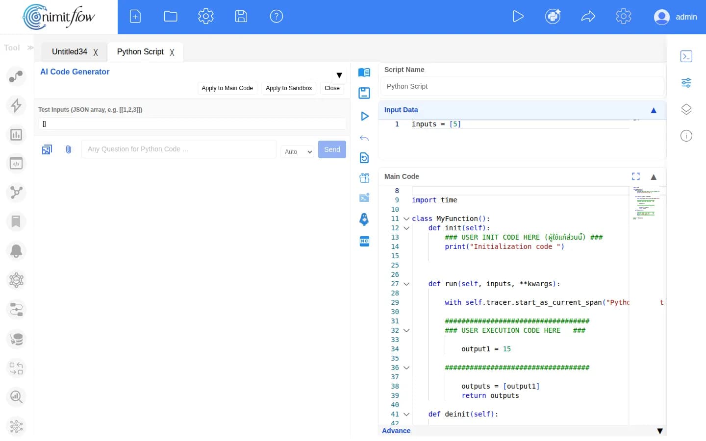 หน้าต่างโหนด Python Script ของ nimitFlow ด้านซ้ายเป็นแผง AI Code Generator ให้พิมพ์คำถามและนำโค้ดไปใช้กับ Main Code หรือ Sandbox ด้านขวาเป็นช่อง Input Data และตัวแก้ไขโค้ด Main Code